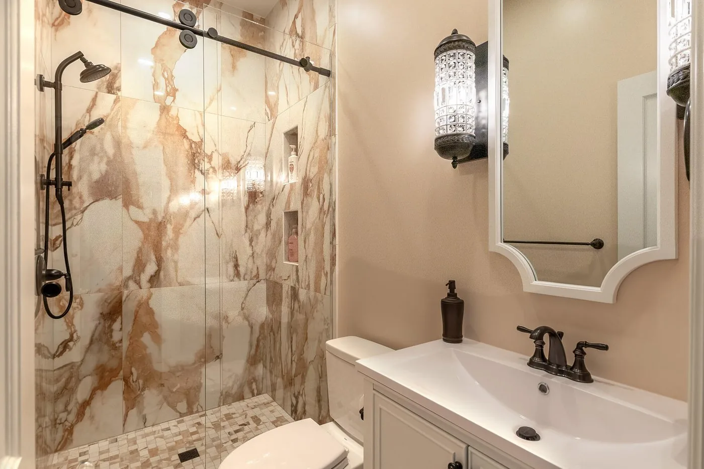 Marble shower and freestanding tub