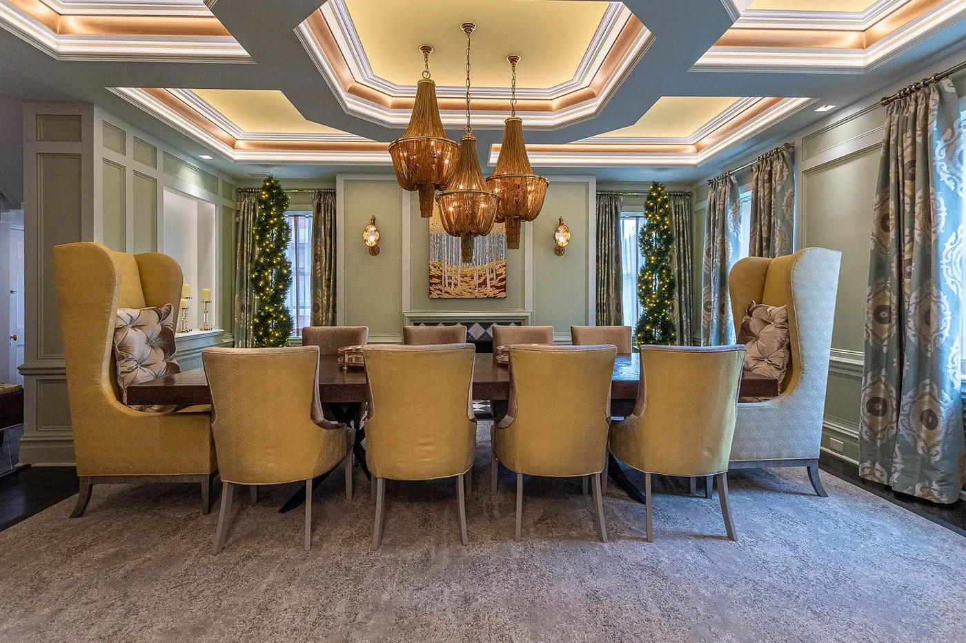 Dining room with a coffered ceiling and upholstered chairs